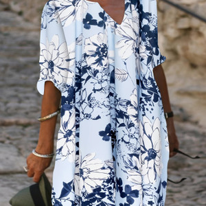Plus Size Casual Dress; Women's Plus Floral Print Short Sleeve Notched Neck Midi Dress Plus Size Casual Dress; Women's Plus Floral Print Short Sleeve Notched Neck Midi Dress