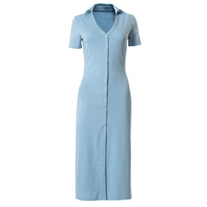 Shirt Dress Women Polo Collar Short Sleeve Blue Female Cardigan Dresses V-Neck Single Breasted Slim Summer Basic Casual Fashion Shirt Dress Women Polo Collar Short Sleeve Blue Female Cardigan Dresses V-Neck Single Breasted Slim Summer Basic Casual Fashion