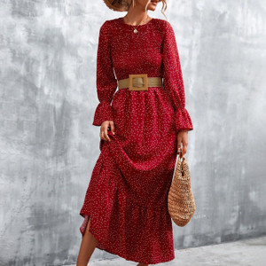 Long Sleeve Full Print Maxi Dress; Crew Neck Shirred Ruffle Sleeve Dress; Casual Dresses For Fall & Winter; Women's Dresses Long Sleeve Full Print Maxi Dress; Crew Neck Shirred Ruffle Sleeve Dress; Casual Dresses For Fall & Winter; Women's Dresses
