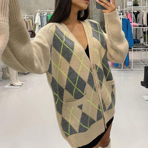 Oversized Argyle Cardigan Women Sweater Loose V-Neck Knitted Long Sleeve Y2K Sweaters Female Autumn Vintage Lady Basic Top Oversized Argyle Cardigan Women Sweater Loose V-Neck Knitted Long Sleeve Y2K Sweaters Female Autumn Vintage Lady Basic Top
