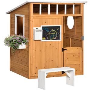 Outsunny Outdoor Wooden Playhouse for Kids, Cottage, Door, Windows, Mailbox, Bench, Flower Pot Holder Outsunny Outdoor Wooden Playhouse for Kids, Cottage, Door, Windows, Mailbox, Bench, Flower Pot Holder