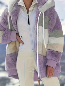Color Block Fuzzy Fall & Winter Jacket, Casual Zip Up Hooded Long Sleeve Outerwear, Women's Clothing Color Block Fuzzy Fall & Winter Jacket, Casual Zip Up Hooded Long Sleeve Outerwear, Women's Clothing