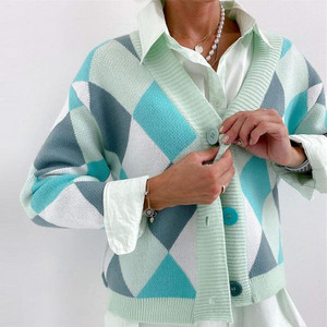 Color Block Argyle Plaid Cardigan for Women Sweaters Fashion V-Neck Long Sleeve Knitted Women's Sweater Color Block Argyle Plaid Cardigan for Women Sweaters Fashion V-Neck Long Sleeve Knitted Women's Sweater