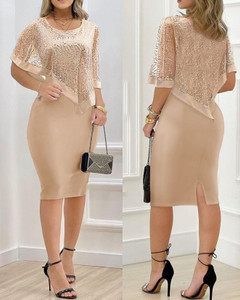 Elegant Evening Party Dresses for Women Sexy Cloak Sleeve Contrast Sequin Slit Bodycon Dress  Elegant Evening Party Dresses for Women Sexy Cloak Sleeve Contrast Sequin Slit Bodycon Dress