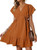 Women's Orange V Neck Ruffle Mini Dress Short Sleeve Drawstring A Line Flowy Skirt Medium Size