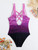 Ombre Purple Color Criss Cross Lace Up Back High Cut Tummy Control One Piece Swimsuit, Women's Swimwear