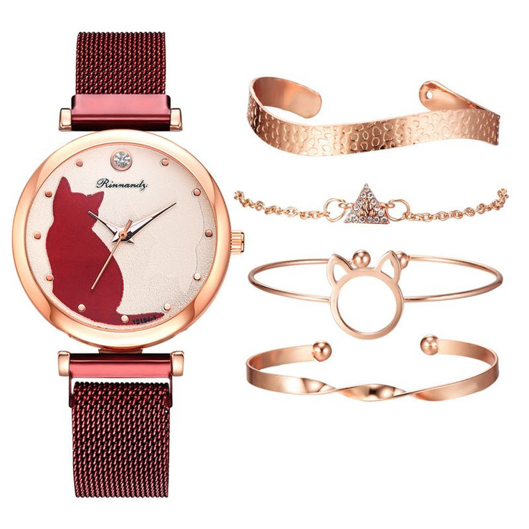 Women Fashion Watches Set 5Pcs Quartz Wristwatch Mesh Belt Cat Dial Luxury Women Watch Casual Ladies Clock With Bracelet Set