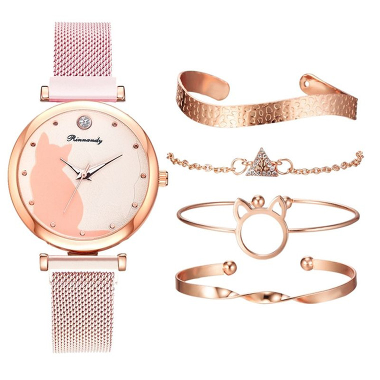Women Fashion Watch Set 5Pcs Quartz Wristwatch Mesh Bracelet Cat Dial Luxury Women Watch Casual Ladies Clock With Bracelet Set