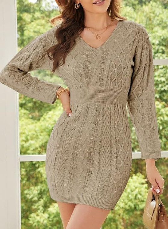 Women's Sweater Dress V Neck Puff Sleeve Cable Knit Bodycon Mini Jumper Fall Knitwear Pullover XX-Large Khaki
