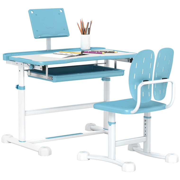 Qaba Kids Desk and Chair Set, Height Adjustable Kids School Study Desk and Chair Set with Tilt Desktop, Storage Drawer & Book Stand for Writing, Reading and Drawing, Blue