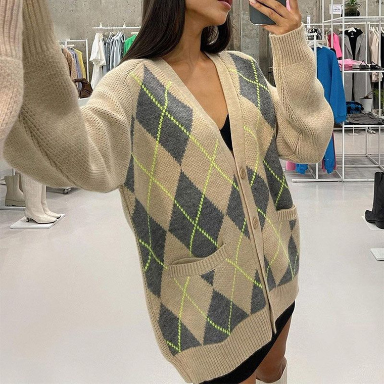 Oversized Argyle Cardigan Women Sweater Loose V-Neck Knitted Long Sleeve Y2K Sweaters Female Autumn Vintage Lady Basic Top