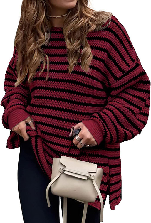 Fall Winter Women's Oversized Long Sleeve Striped Sweater Casual Crewneck Side Split Pullover Knit Tops