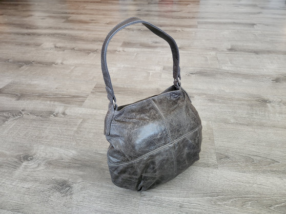 Distressed gray leather hobo bag