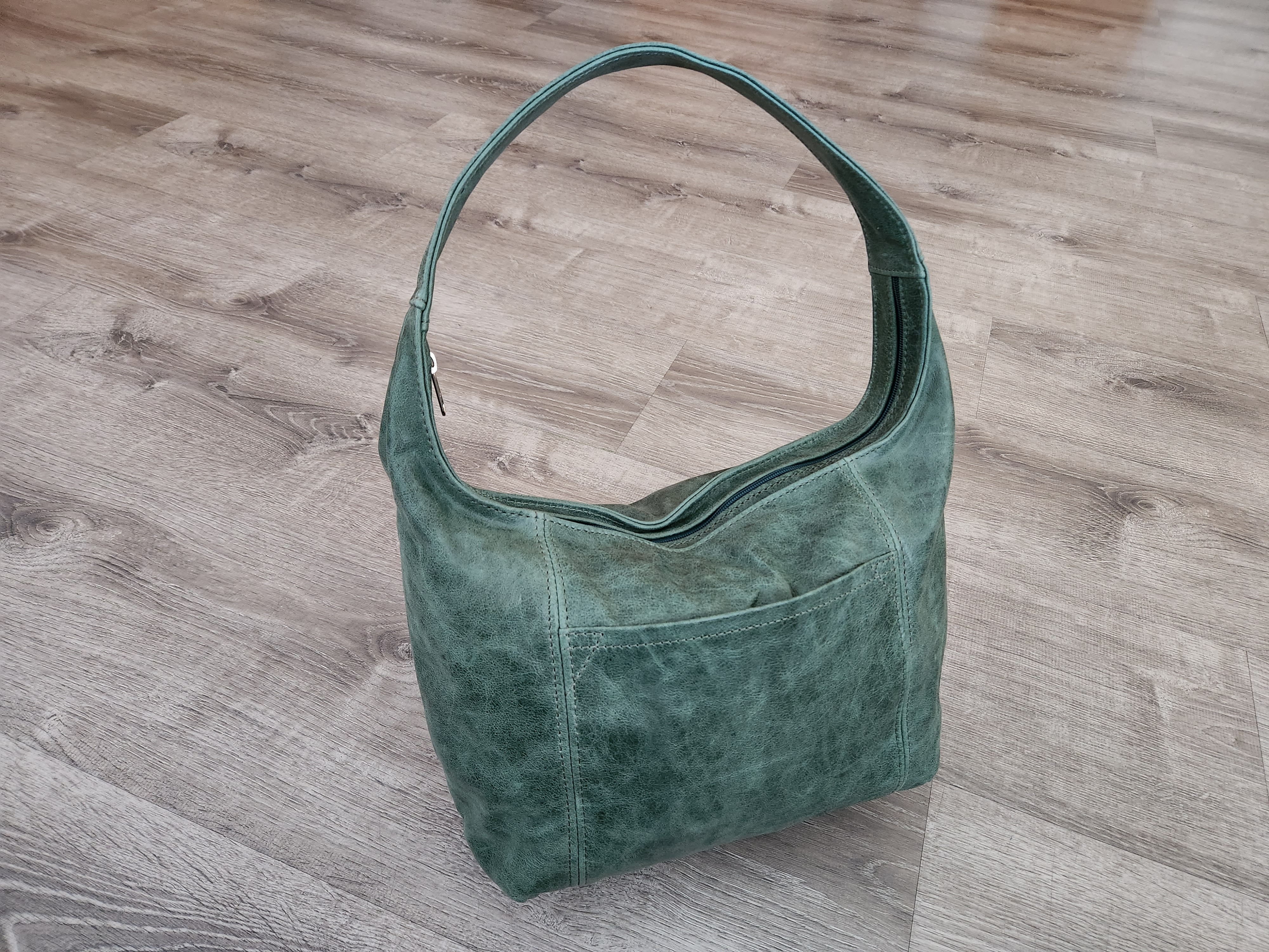Vintage Distressed Green Leather Hobo Bag, Bohemian Casual