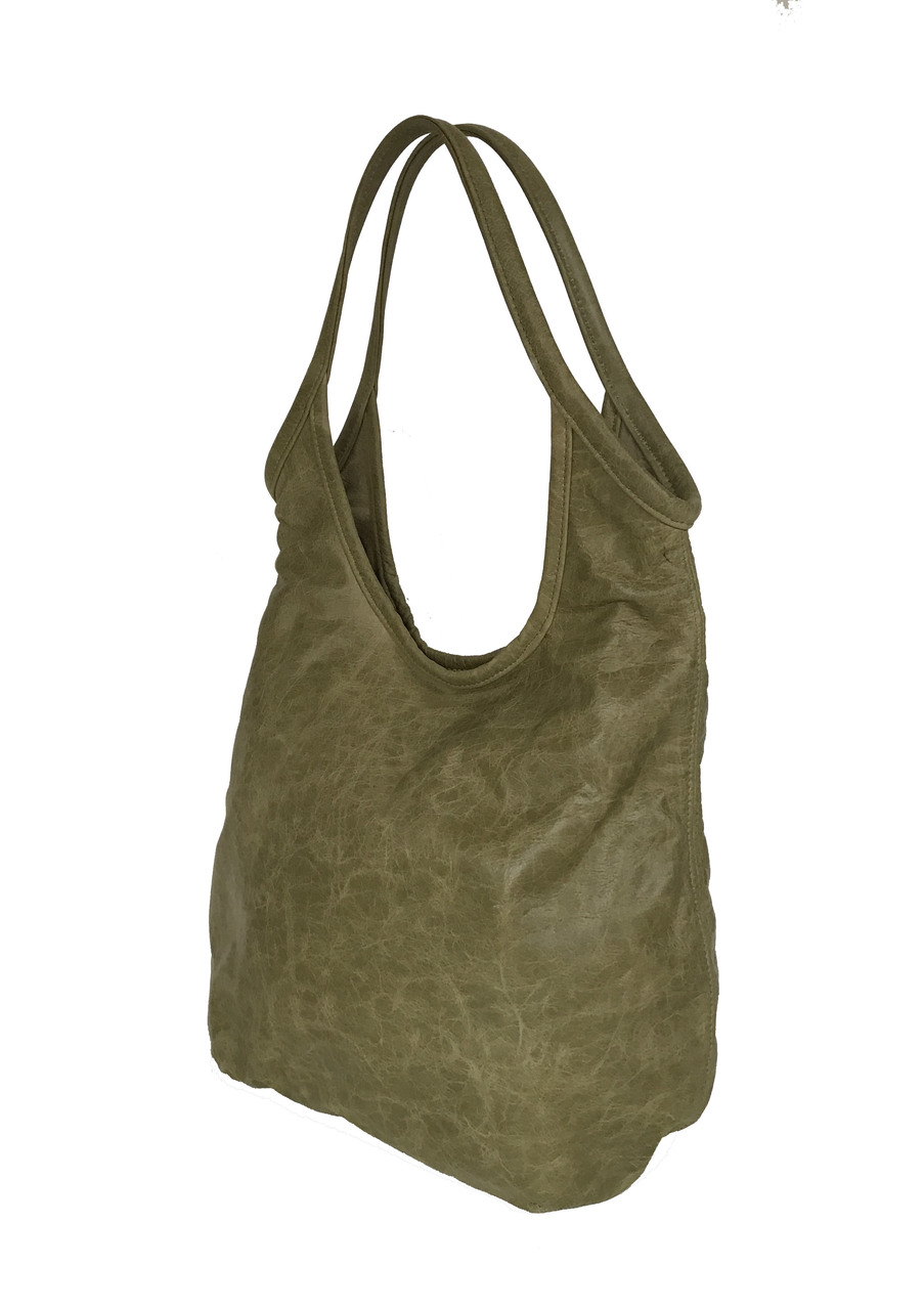 Large TOTE leather bag in moss GREEN . Slouch leather bag. Boho