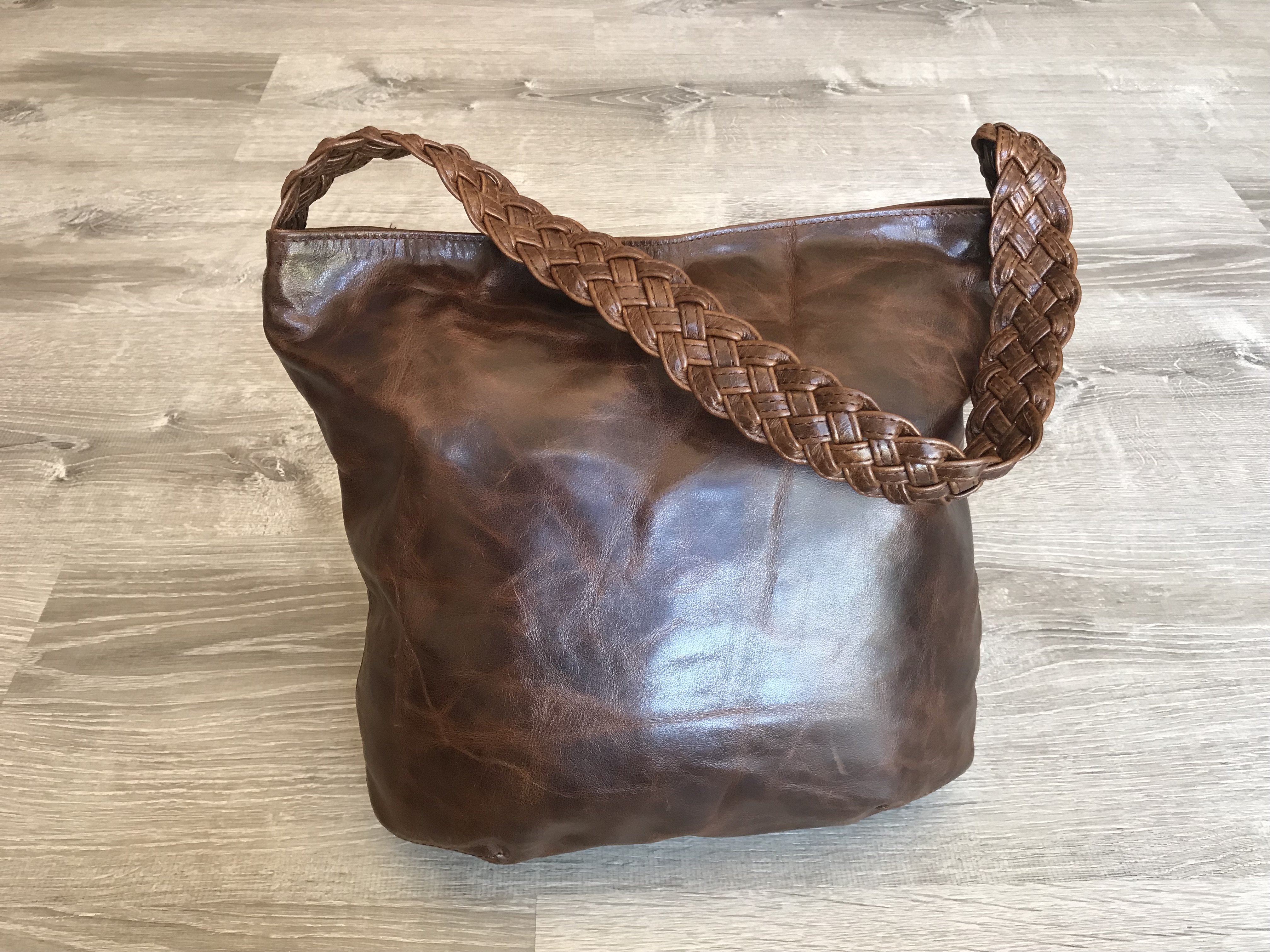 Distressed Oil Leather Hobo Bag w/ Braided Handle, Rustic Retro 