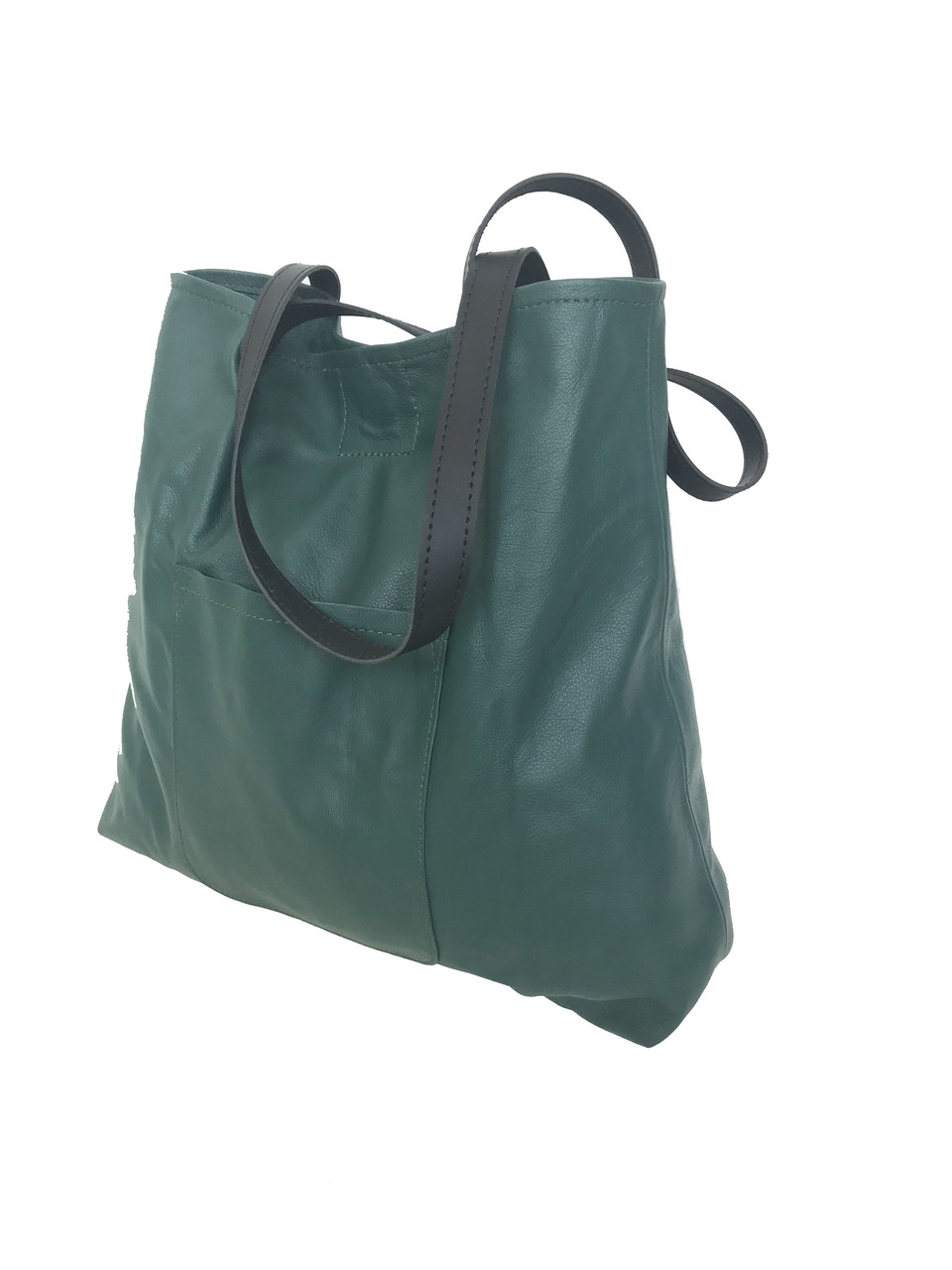 Green Leather Tote Bag, Carryall Unlined Shopper Handbag