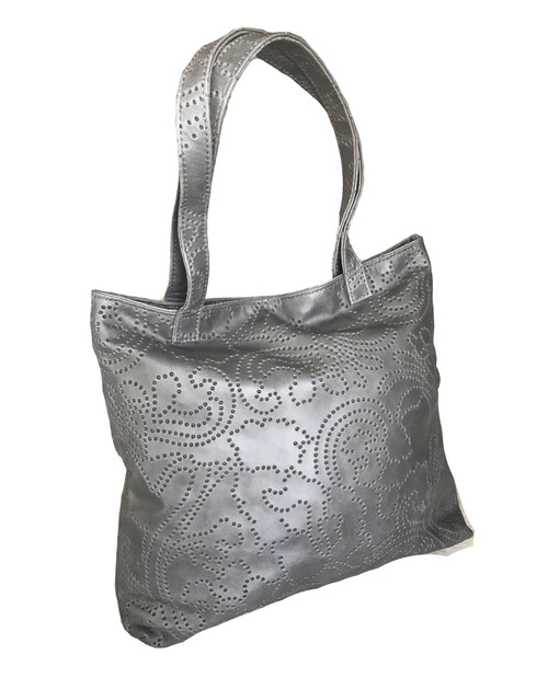 Unique Women Gray Leather Tote Bag with outside pocket / Original ...