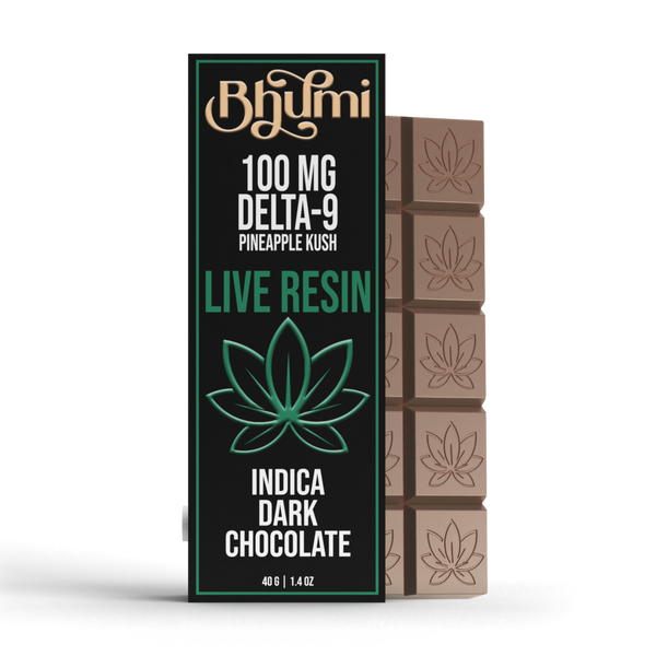 Bhumi 100mg THC Live Resin Indica Dark Chocolate - 10mg Per Piece
