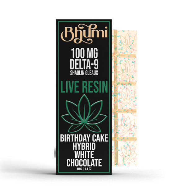 Bhumi Hybrid 100mg Delta 9 + CBDa Live Resin Birthday Cake White Chocolate Bar