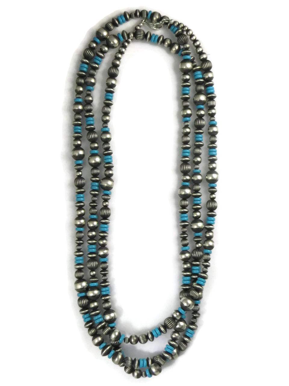 Long Turquoise Silver Bead Necklace 80" Southwest Silver Gallery