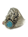 Kingman Turquoise & Coral Silver Bear Ring Size 10 (RG9470)