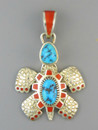 Natural Sleeping Beauty Turquoise & Mediterranean Coral Inlay Turtle Pendant by Vernon Haskie