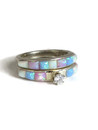 Tri Color Opal Inlay Wedding Band Ring Set with CZ (RG4548-S8)