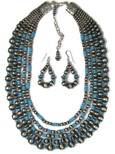 Five Strand Graduated Turquoise Silver Bead Necklace Set (NK5377)