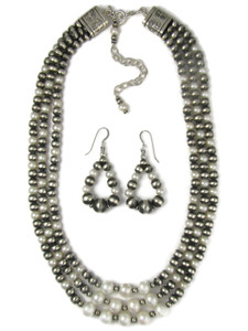 Graduated Three Strand Pearl Silver Bead Necklace Set (NK5378)