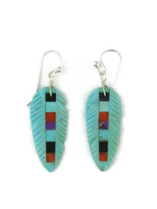 Turquoise & Gemstone Inlay Feather Slab Earrings (ER8332)