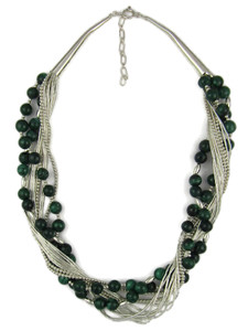 Liquid Silver Malachite Beaded Necklace 16" - Adjustable Length (LSNKMA330) Liquid Silver Malachite Beaded Necklace 16" - Adjustable Length (LSNKMA330)