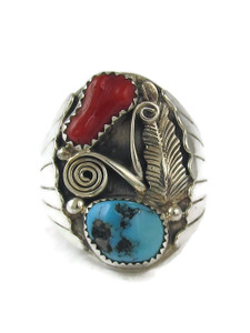 Kingman Turquoise & Coral Silver Ring Size 10 1/2 (RG9448)
