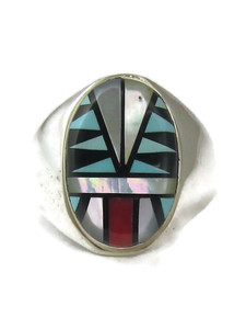 Turquoise, Jet, Coral & Mother of Pearl Inlay Ring Size 11 (RG9564) 