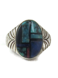 Kingman Turquoise Lapis, Jet & Coral Inlay Ring Size 10 (RG9568)