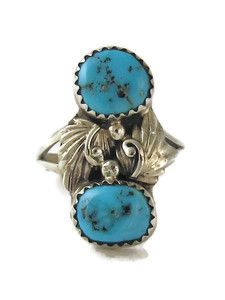 Kingman Turquoise & Sterling Silver Leaf Navajo Ring Size 7 (RG9591)