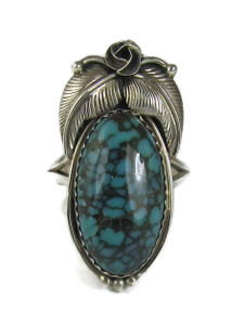 Kingman Spiderweb Turquoise & Sterling Silver Feather Navajo Ring Size 7 (RG9593)