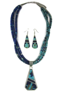  Lapis Turquoise Inlay Pendant Necklace Set by Daniel Coriz (NK5558)