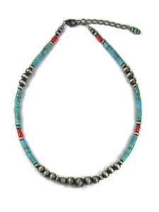 Turquoise Heishi & Coral Silver Bead Necklace (NK5656) 