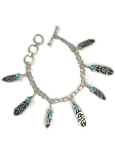 Sleeping Beauty Turquoise Silver Feather Charm Bracelet by Elgin Tom
