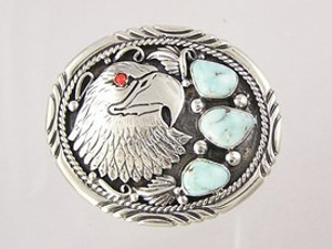 Natural Dry Creek Turquoise & Coral Eagle Belt Buckle 1 1/8"