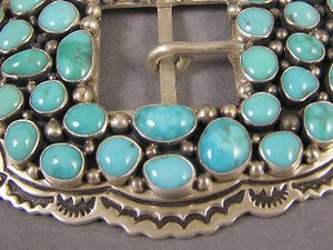 High Grade Stormy Mountain Turquoise Belt Buckle By Native American Artist, Larson Lee Arizona