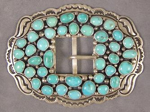 High Grade Stormy Mountain Turquoise Belt Buckle By Native American Artist, Larson Lee Arizona