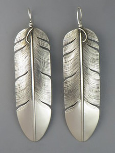 Large Sterling Silver Feather Earrings 3 1/2" by Lena Platero, Navajo (ER6000)