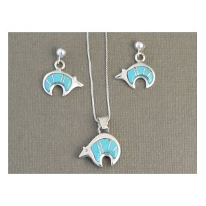 Sterling Silver Turquoise Inlay Reversible Bear Pendant & Earring Set Sterling Silver Turquoise Inlay Reversible Bear Pendant & Earring Set