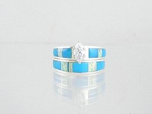 Turquoise & Opal Inlay Wedding Band Ring Set with Marquis CZ Size 6 1/2 Turquoise & Opal Inlay Wedding Band Ring Set with Marquis CZ Size 6 1/2