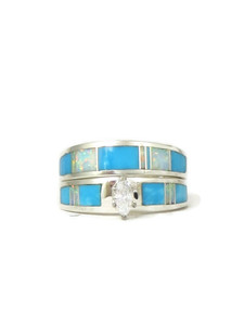Turquoise & Opal Inlay Wedding Band Ring Set with Marquis CZ Size 8 1/2 (RG0301-S8.5)