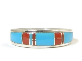 Sleeping Beauty Turquoise & Coral Inlay Band Ring Size 7 1/2
