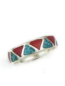 Turquoise & Coral Chip Inlay Ring Size 5