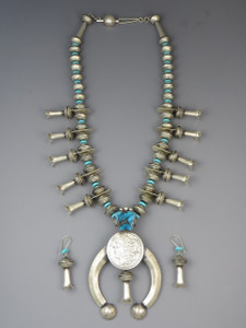 Old Coin Mercury Dime Morgan Dollar Kingman Turquoise Squash Blossom Necklace Set by James McCabe